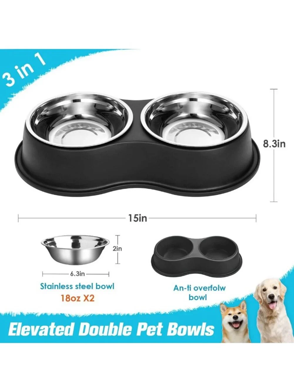 Double Dog Bowls Set - Stainless Steel Non-Slip Pet Feeder for Dogs & Cats